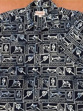 Santiki Resort Wear Hawaiian Shirt Men’s XL Black Cream Fish Print Button Front